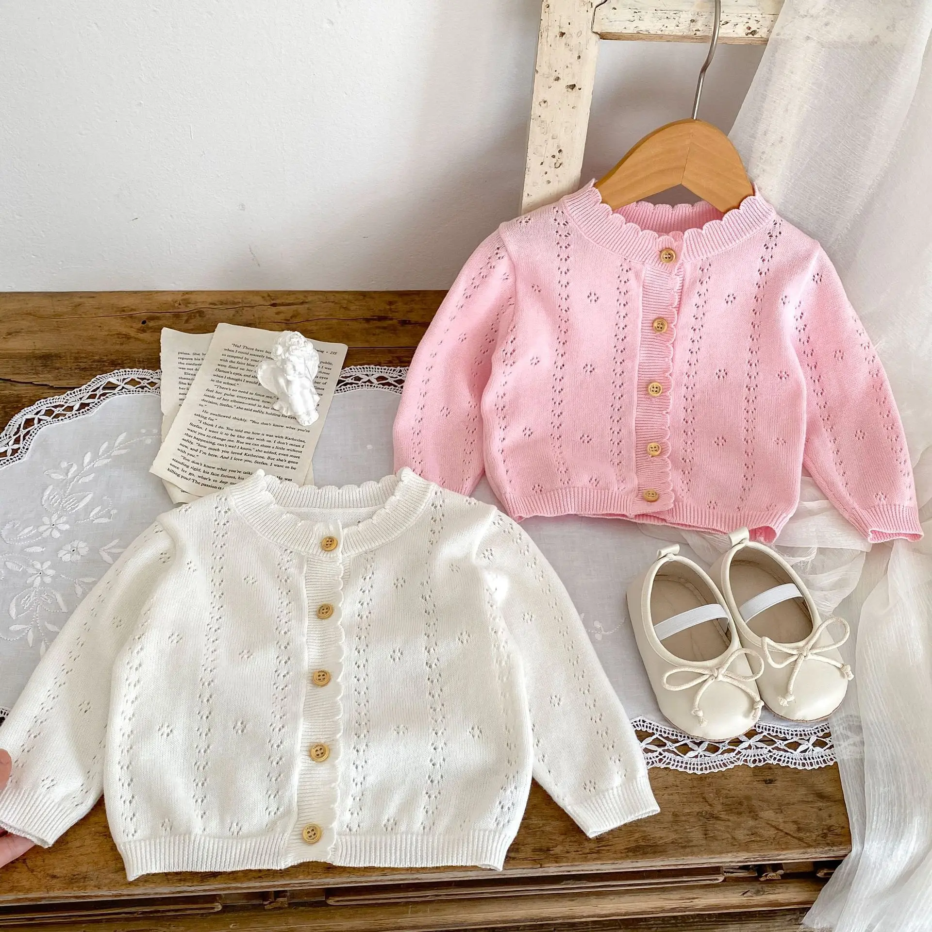 0-2 years old 2026 Spring Summer sweet solid color cardigan sweater air-conditioned sweater long sleeve knit hollow coat