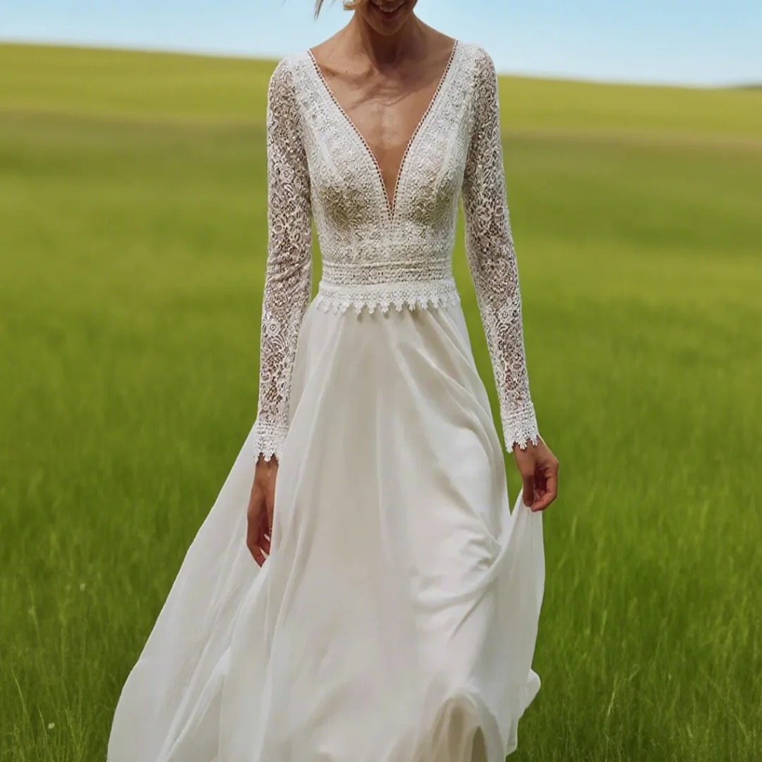 Customized long-sleeved lace V-neck strapless wedding dress in Bohemian style for a formal evening gown for the bride