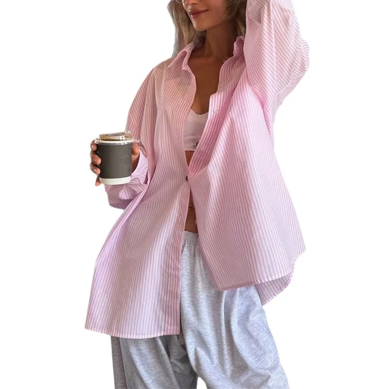 

Повседневная простая стильная полосатая рубашка-кардиган с длинными рукавами и пуговицами, женский модный универсальный топ 2025 года