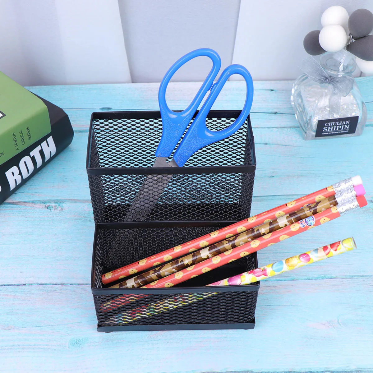 

Teacher's Day Gift Wrought Iron Combination Pen Holder Office Decor Metal Multifunctional Container Desktop Storage