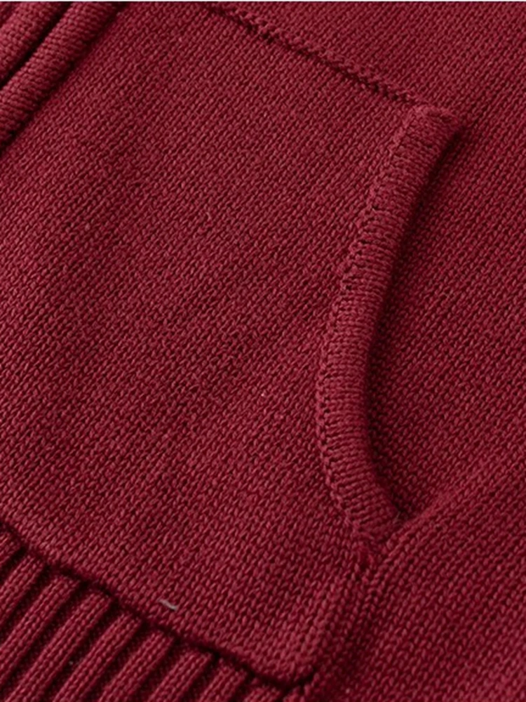 PUWD Women Fashion Solid Wine Red Zip-up Sweatshirts 2023 Autumn Vintage Pocket Knit Hooded Coats Casual Female Chic Outwears