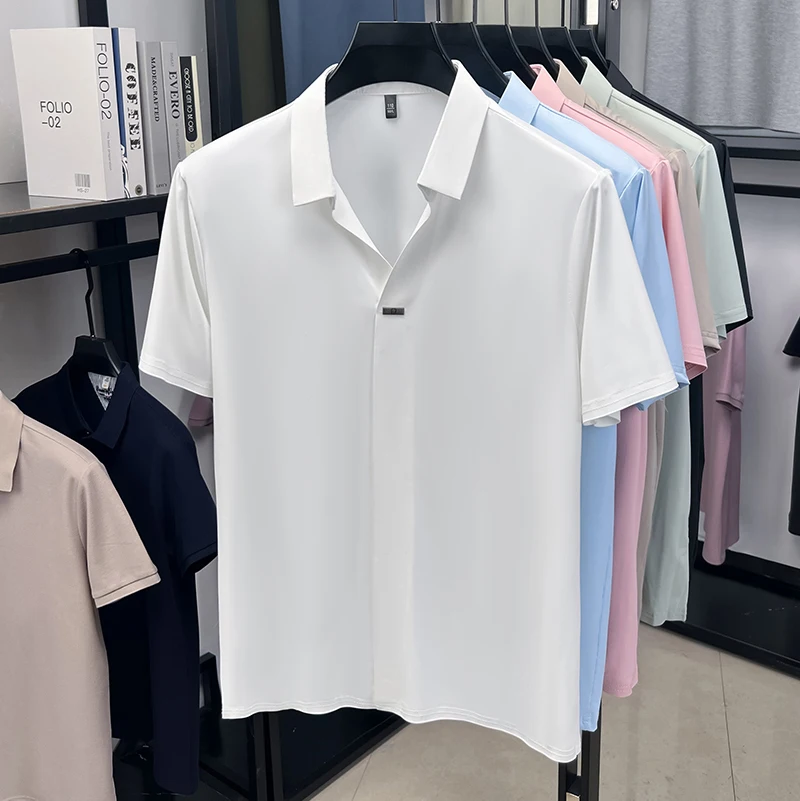 Herren Eisseide Hemd mit verdecktem Knopf, Reverskragen, Kurzarm, Slim Fit, weich, knitterfrei, atmungsaktiv, Sommer-Oberteil – Detail 17