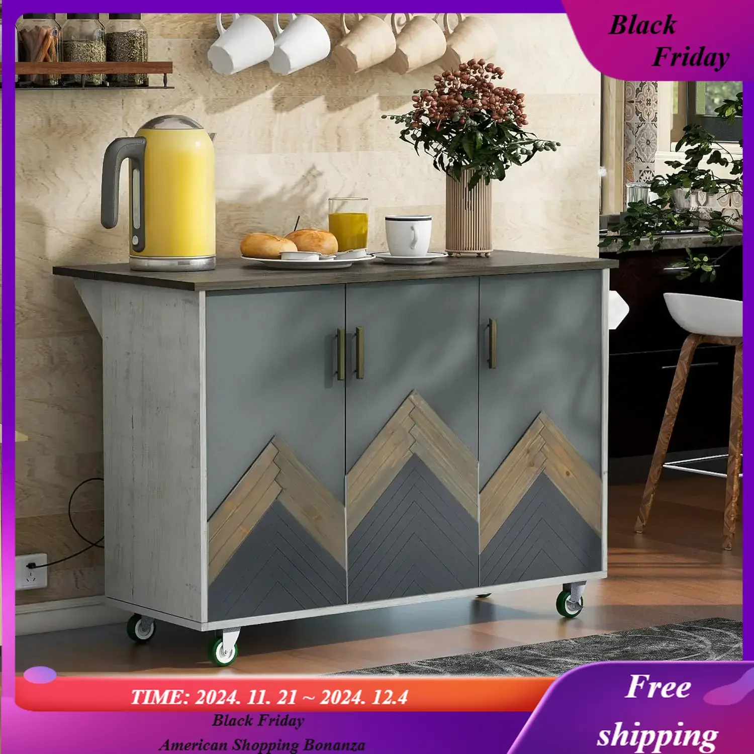 Kitchen Island with Drop Leaf, Farmhouse Kitchen Island on Wheels with Internal Storage Rack,