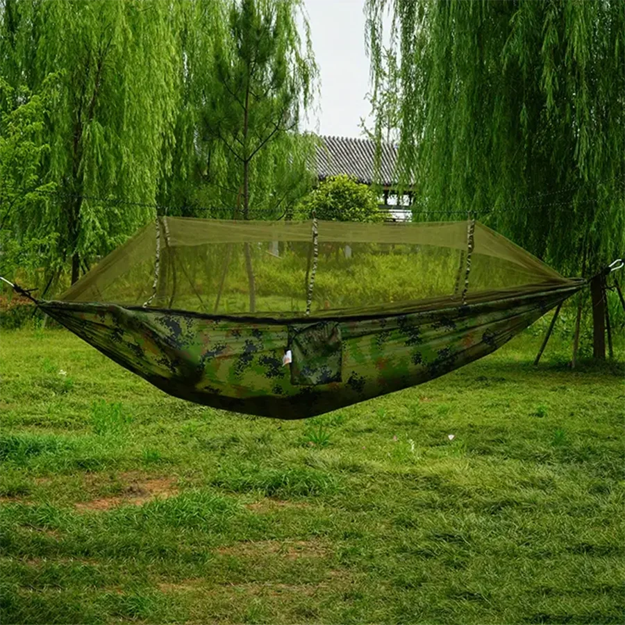 Tempat tidur gantung merah muda jaring nyamuk ganda tempat tidur gantung santai portabel, cocok untuk perjalanan berkemah luar ruangan dan mendaki di halaman taman
