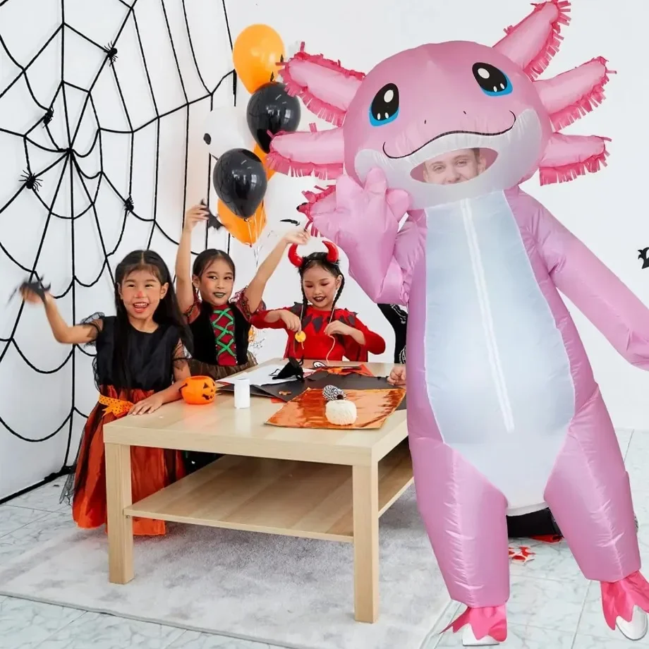 Halloween Carnival Party Adult Role Playing Cartoon Animal Inflatable Costume Hexagonal Dinosaur Pink Axolotl Party Costume