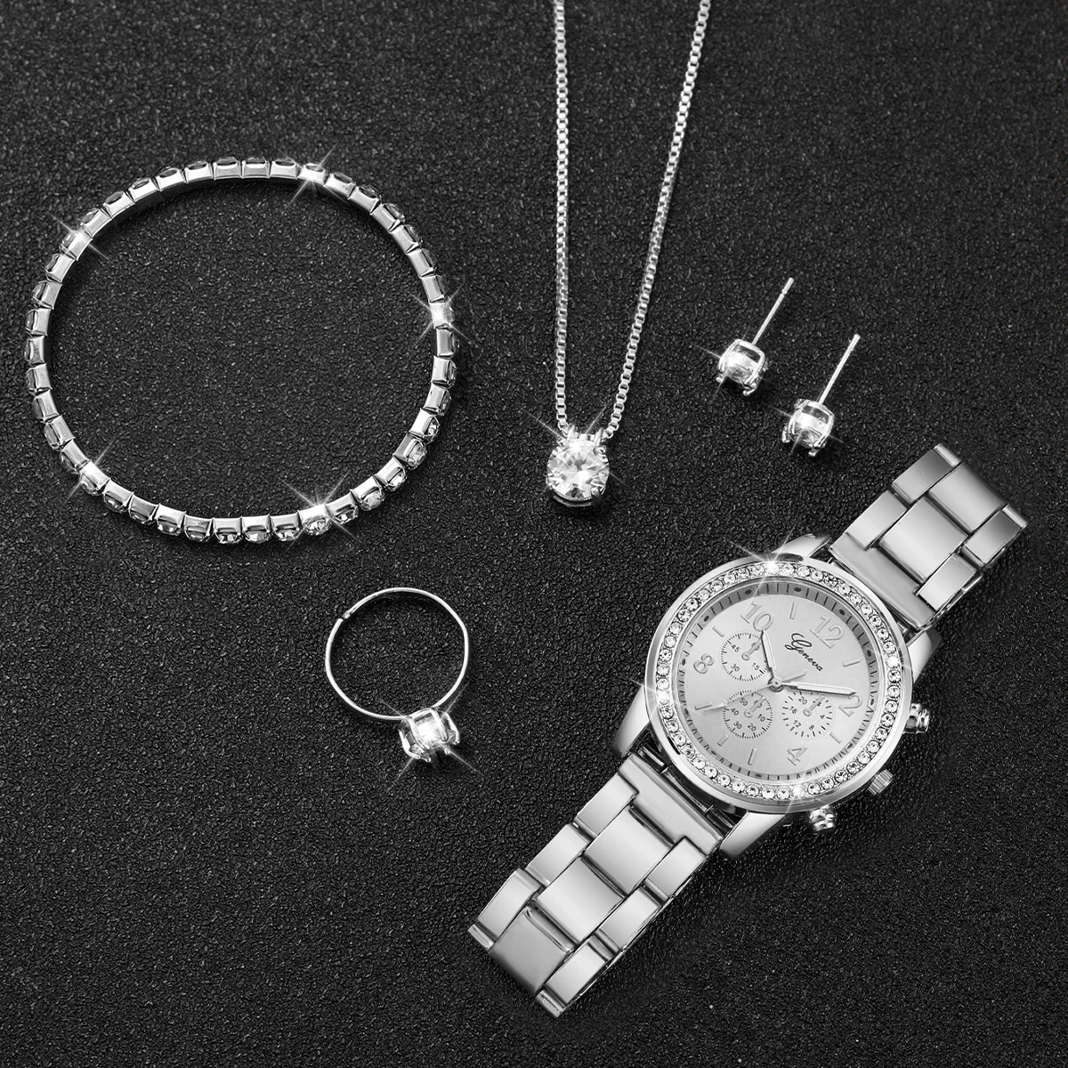 6PCS/Set Women\'s Watch Fashion Silver Steel Band Analog Quartz Watches Diamond Jewelry Set（Without Box）