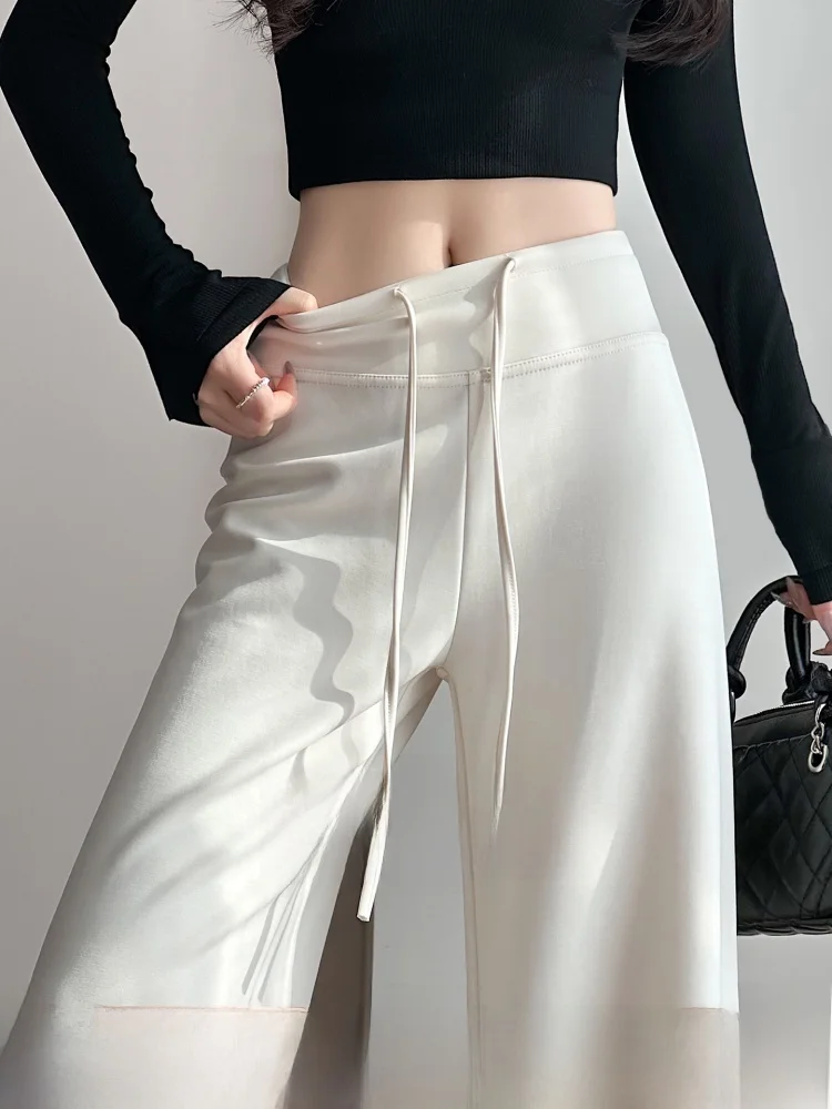 White Narrow Wide Leg Pants Women's Micro Flared Casual Sports Loose Glutinous Rice Pants Commute Style High Waist Straight Tube