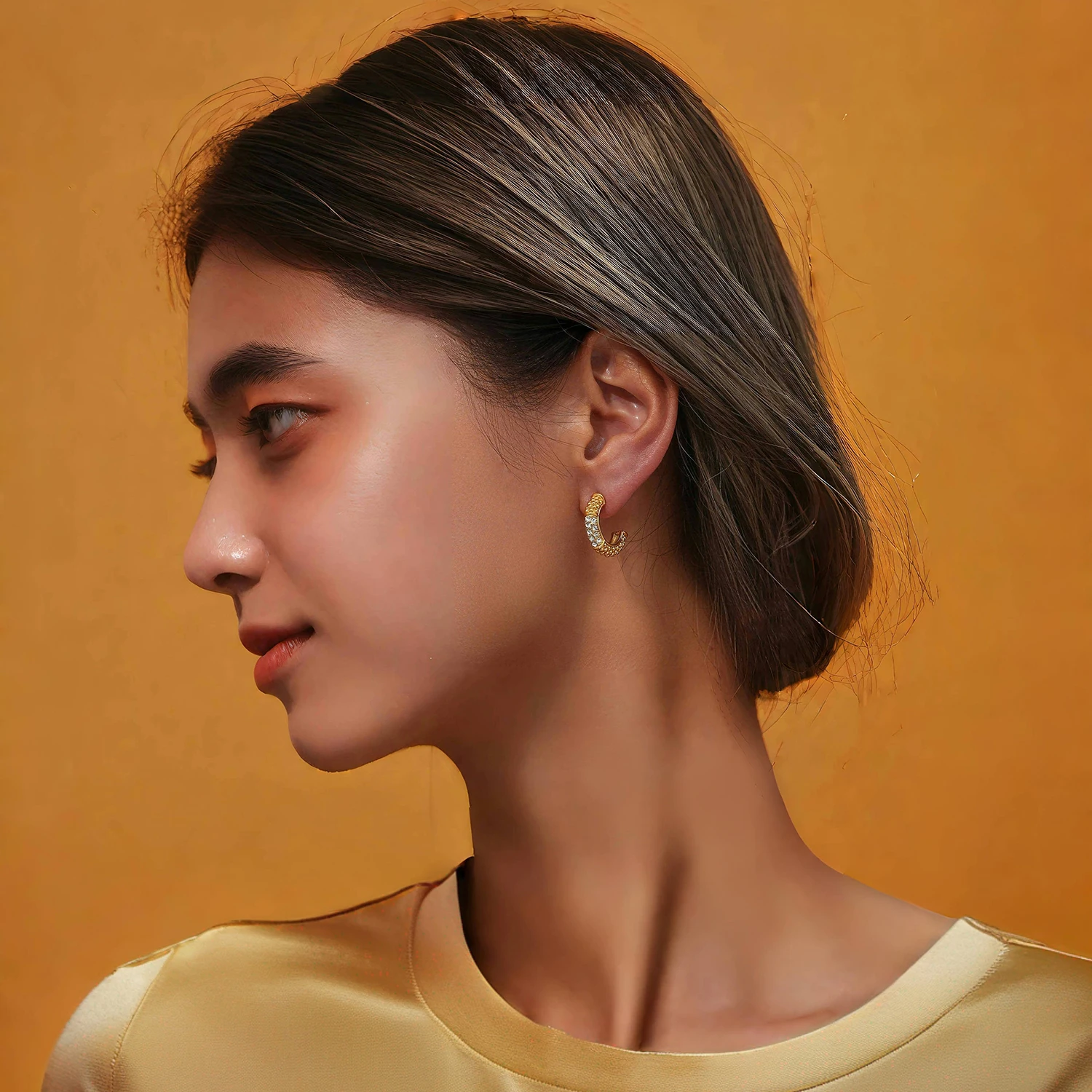 French-style Inlay Zirconia Titanium Steel Earrings for Women, Fine Polished Stainless Steel Plated with 18K Gold Earring