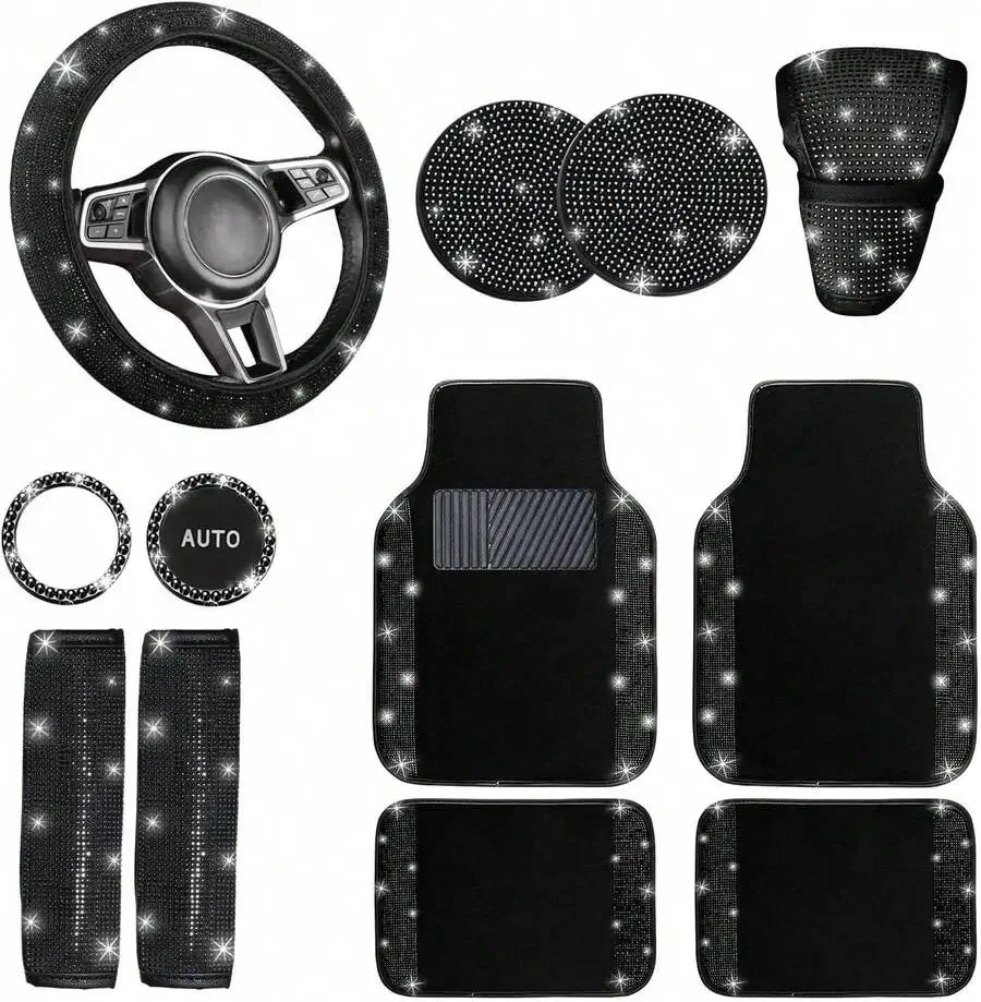 

Bling Car Accessories Set Steering Wheel Cover Gear Shift Cover Seat Belt Covers Floor Mats Universal Fit