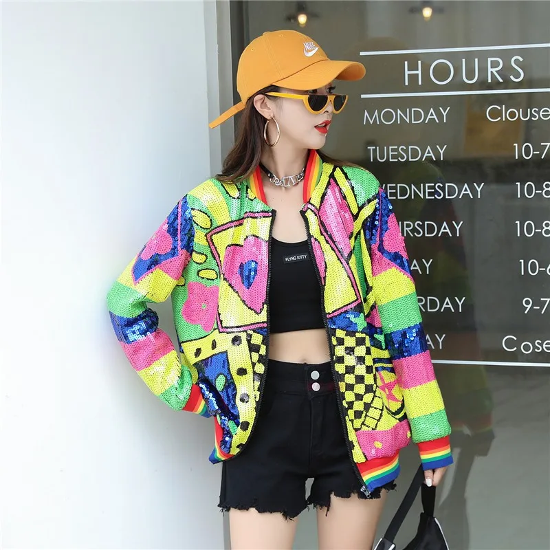 Women's Geometric Diagram Hoodie Jackets, Heavy Industry Sequins, Fashionable Loose Lazy Style Coat, Spring and Autumn