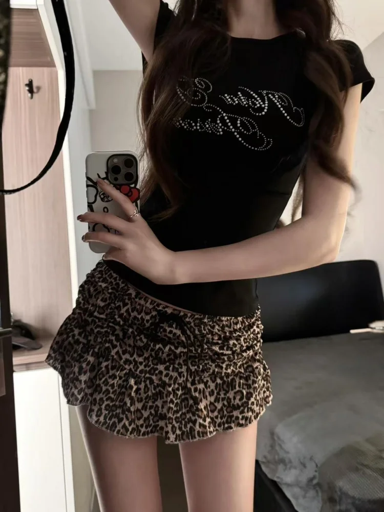 

Faionable 2025 High Waist A-Line Leopard Print Skirt Women's Autumn Spring Slimming Long Leg ort Skirt Dstring