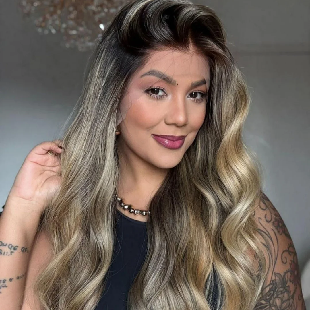 13x4 Glueless Wigs Synthetic Hair Lace Front Wig 26 Inch Luxury Ash Blonde Highlights HD Transparent Lace Wigs With Dark Roots