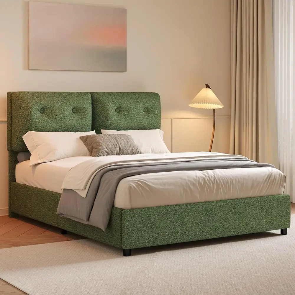 Cama Ajustable Estilo Oriental Tapizada en Tela Bouclé Verde con Base, No Requiere Somier, Fácil de Montar