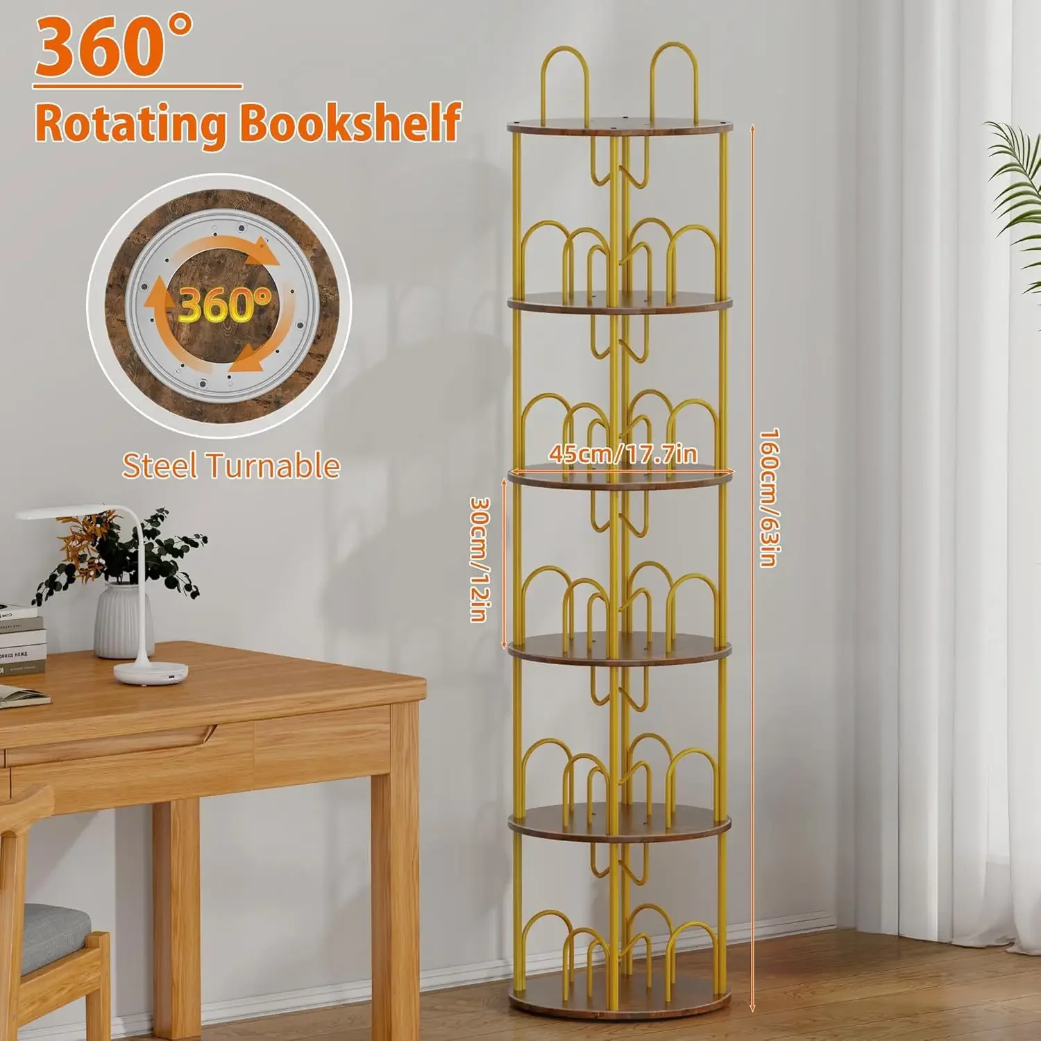 5-Layer rotating bookshelf 360 ° rotating bookshelf tower book display round rotating wooden shelf