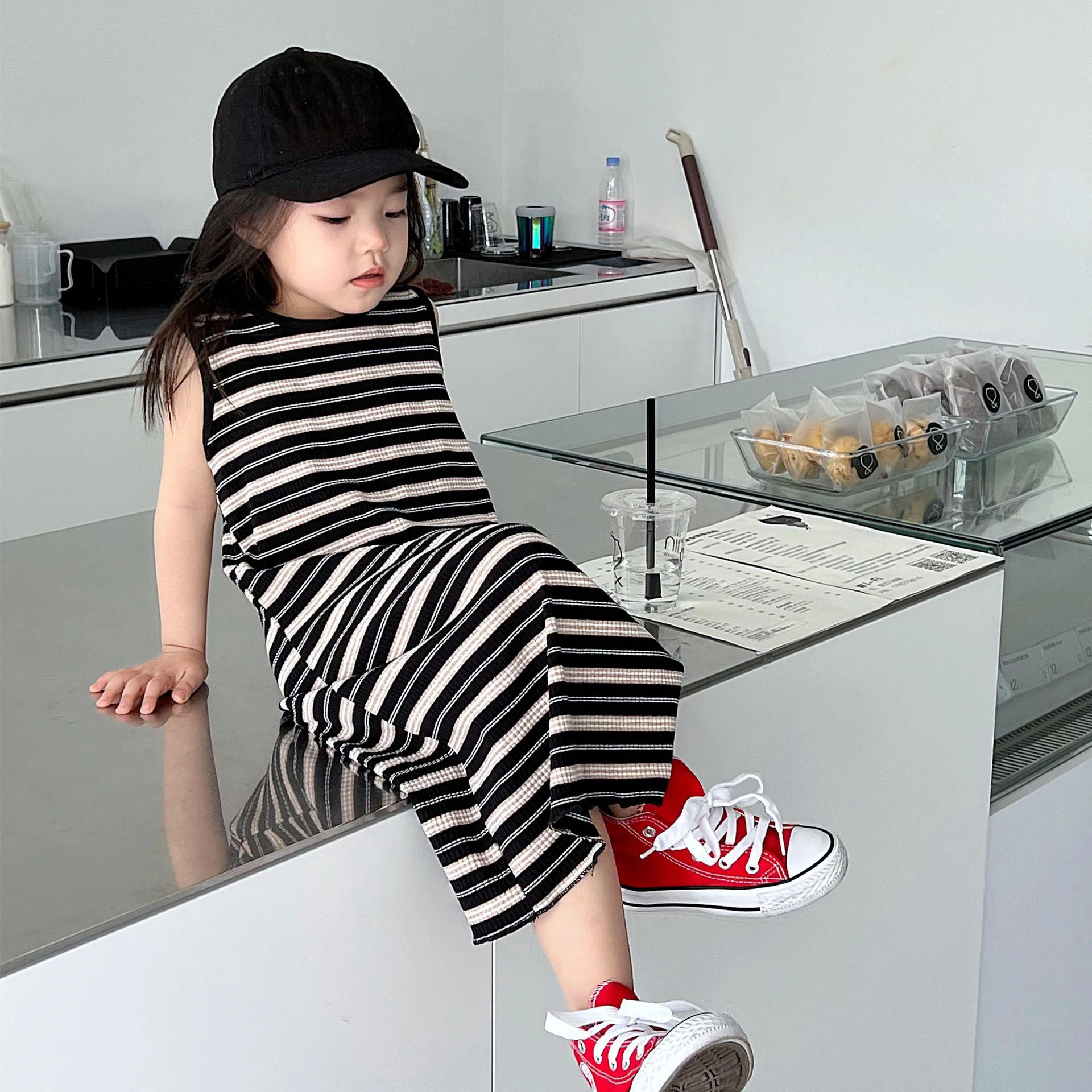 Girls Summer Dress Baby Kids Clothes Black And White Striped Knitted Vest Dress Children\'S Bottoming Dress Long Dress Long T-Shi