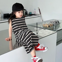 Girls Summer Dress Baby Kids Clothes Black And White Striped Knitted Vest Dress Children'S Bottoming Dress Long Dress Long T-Shi