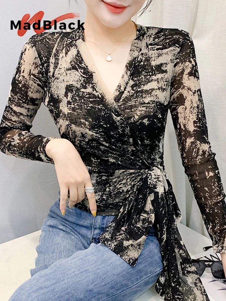 MadBlack-Women's European T-Shirt, Sexy V Neck Print Ribbon, Streetwear Long Sleeve Slim S-3XL Mesh Tee, 2025 Summer T54025CC
