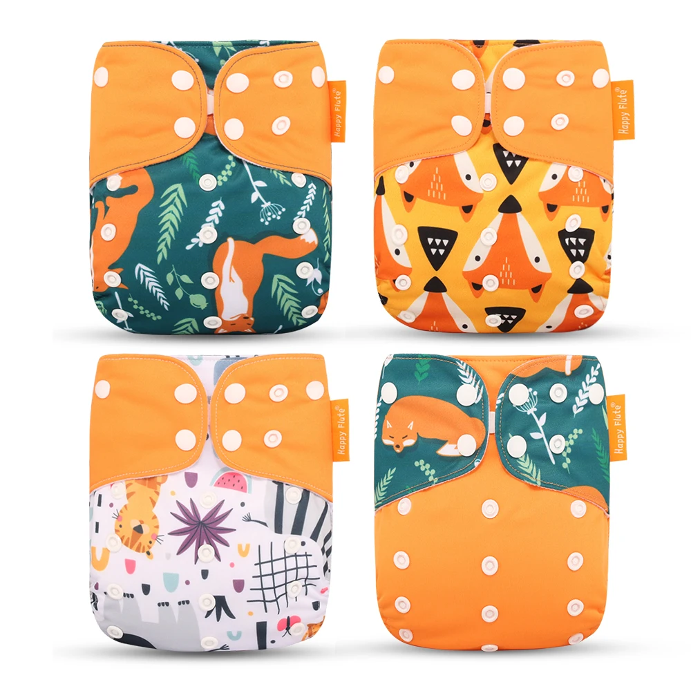 HappyFlute Exclusive 4Pcs Set OS Pocket Diaper Washable&Reusable Baby Nappy New Print Adjustable Baby Diaper Cover