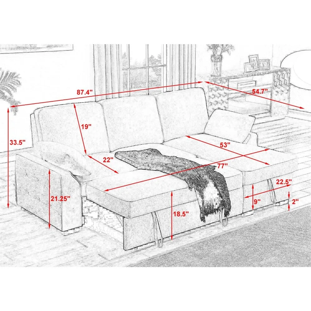 Sofa Bed, Wood Bedframe, for Living Room Bedroom Office, Pull Out Modular Sofa Bed Convertible Living Room Furniture