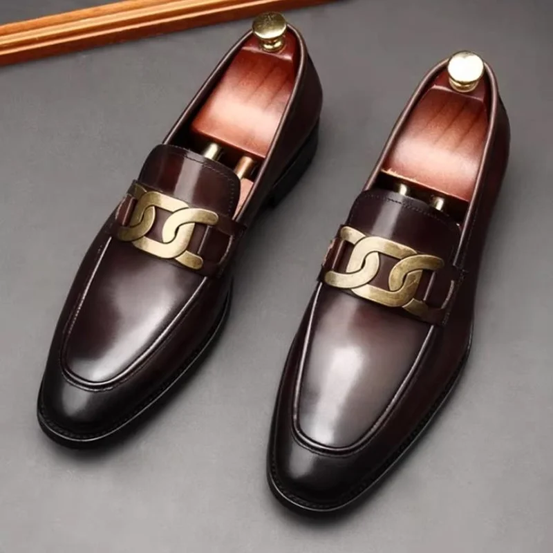 

High-quality Metal Buckle Leather Shoes For Men Luxury Slip-on Genuine Leather Business Formal Shoes Groom Wedding Shoes