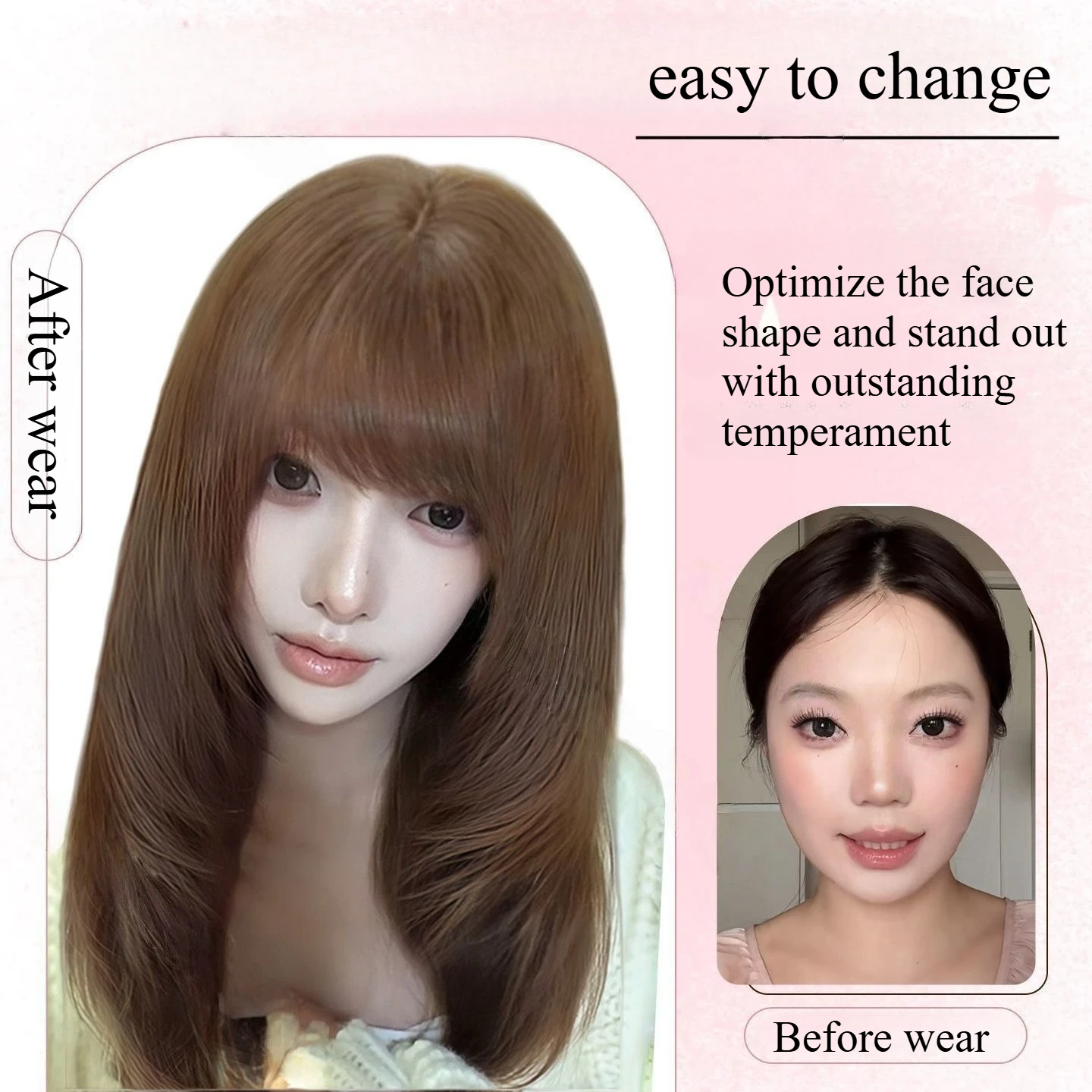 Honey Brown Wig with Bangs 18inch Straight Hair Wig Natural Looking Synthetic Wigs for Women High Temperature Fibers Lolita Wig