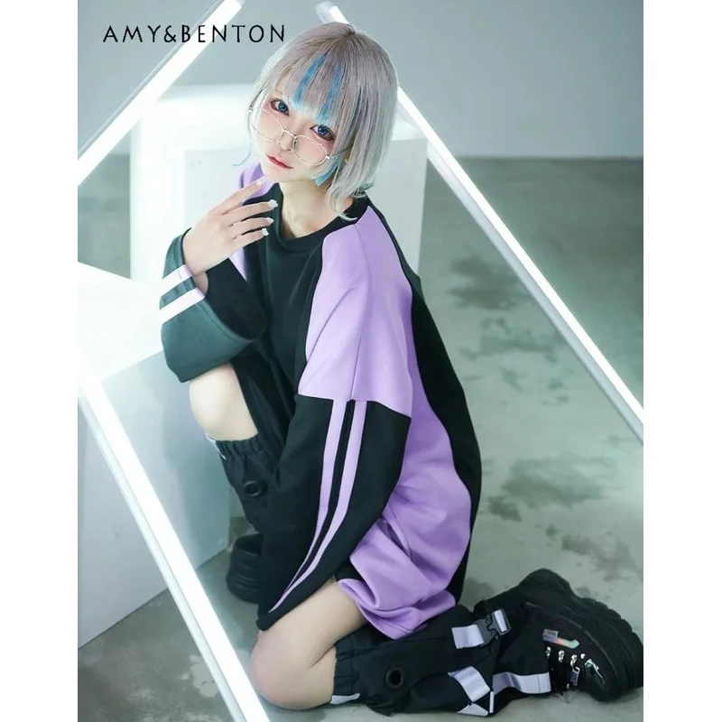 25COSاليابانية Harajuku Ililil نظام ألوان مائية اللون مطابقة القمصان للنساء ربيع جديد Y2K منتصف طول المتضخم تي شيرت