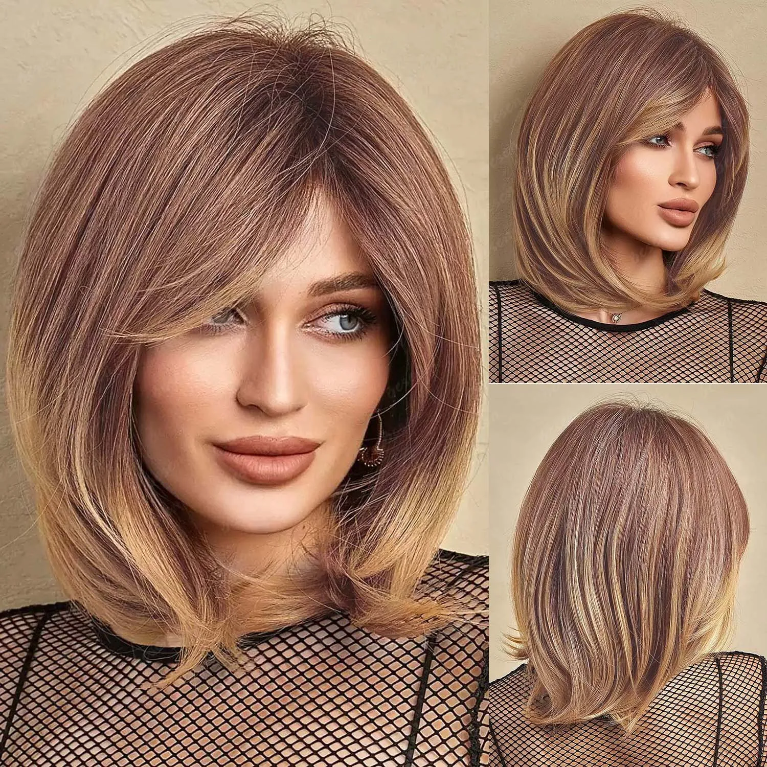 

Synthetic Short Layered Wigs for Women Hair Bob Wig with Bangs Straight Heat Resistant Wig for Daily Party Use,Multi-colored Wig
