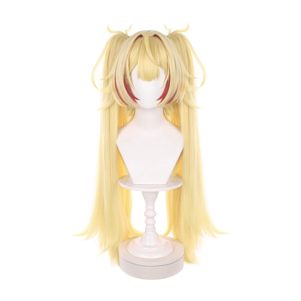 Golden Yellow Cosplay Wig Extra Long Twin Tails Red Streak Bangs Synthetic Heat Resistant Anime Game Costume Party Hair Women