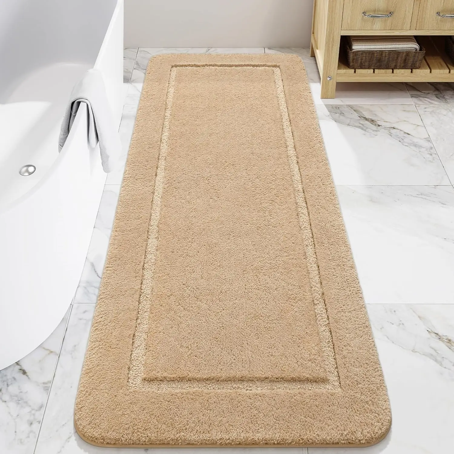 

24x60 Long Bath Rug, Non-Slip Washable Soft Thick Absorbent Shower Mat, Plush Luxury Large Beige Runner