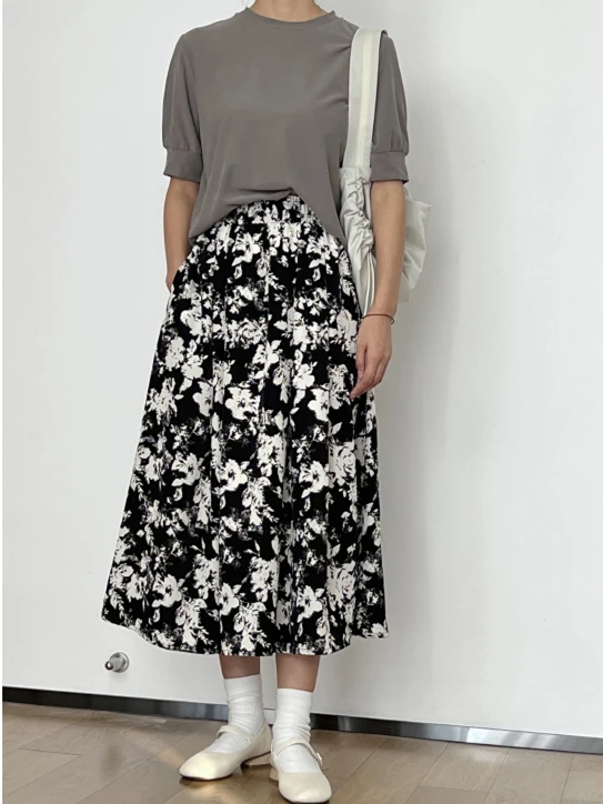 Summer New Chiffon Medium Length Skirts For Women Elastic Waist Retro Floral Printed A-Line Vintage Mori Girl Style Vestidos