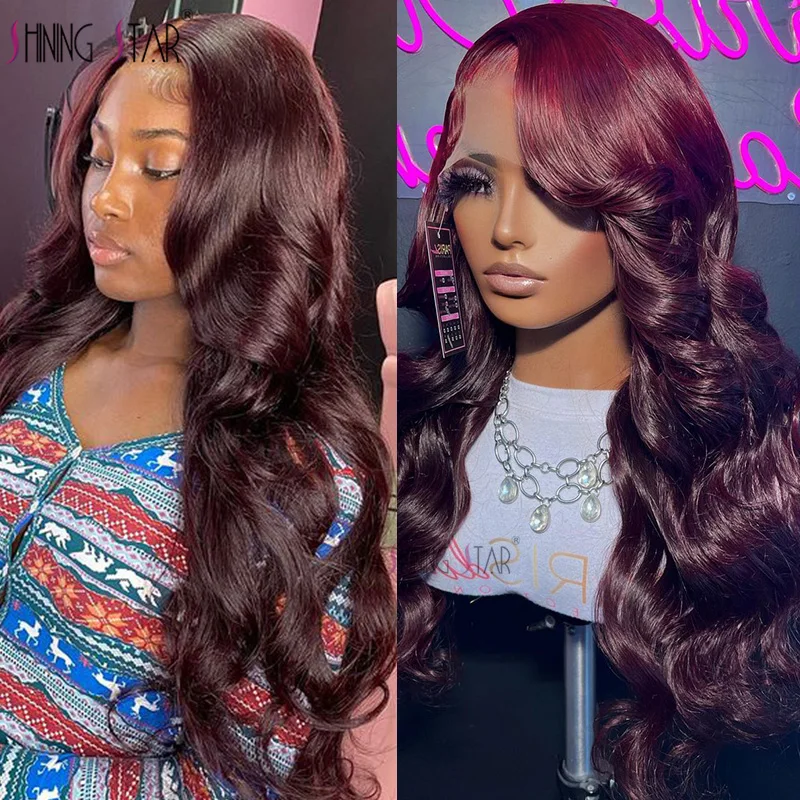 Perruque Lace Front Wig Body Wave Naturelle, Cheveux Humains, Couleur Bordeaux 99J, 13x6 HD, 13x4, Transparente