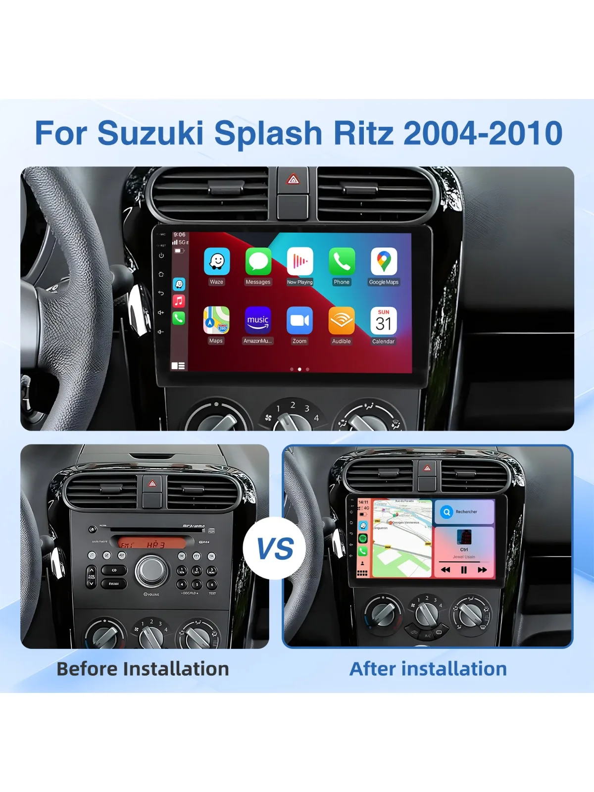 MOPECT 9" autoradio Android 15 voor Suzuki Splash Ritz 2004-2010 4+64G AM/FM WiFi CarPlay GPS navigatie head unit BT+DVR&camera - afbeelding 2