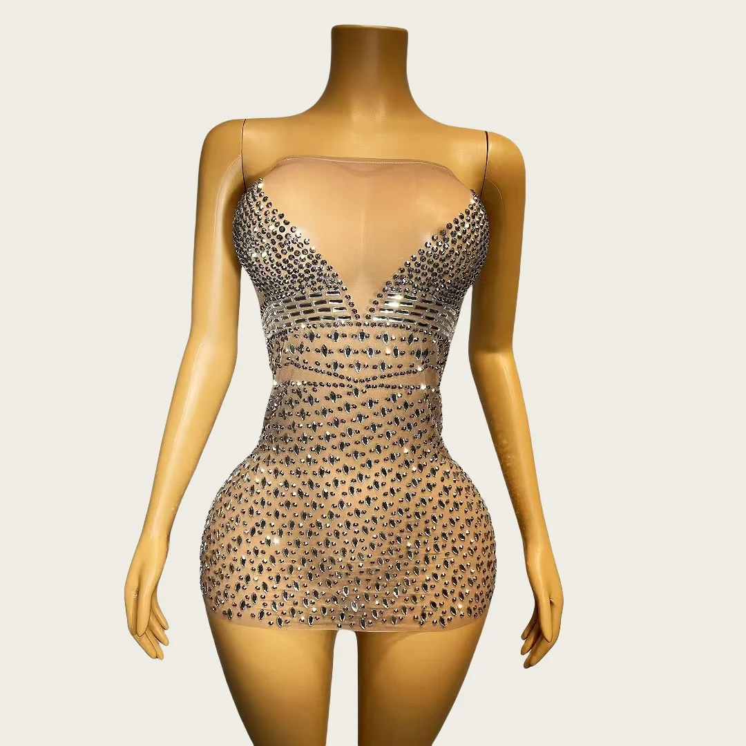 

Strapless Ultra Short Dress Sparkly Rhinestone Women Sexy Couture Birthday Party Prom See Through Mesh Bar Dance Outfit Niujiao