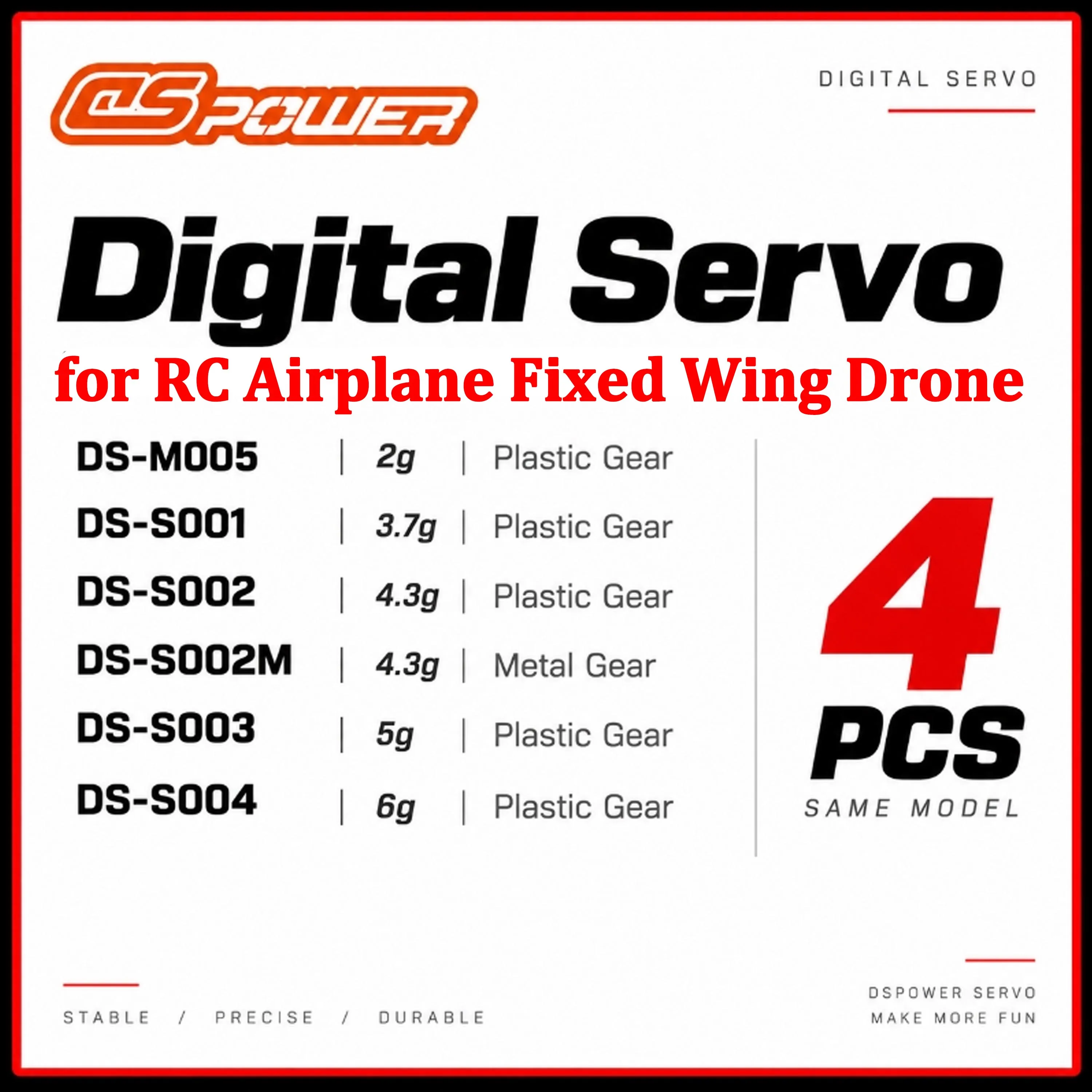 4PCS DSPOWER 2g 3.7g 4.3g 5g 6g Digital Micro Servo Plastic Metal Gear for RC Airplane Fixed Wing Drone Aircraft Glider Model