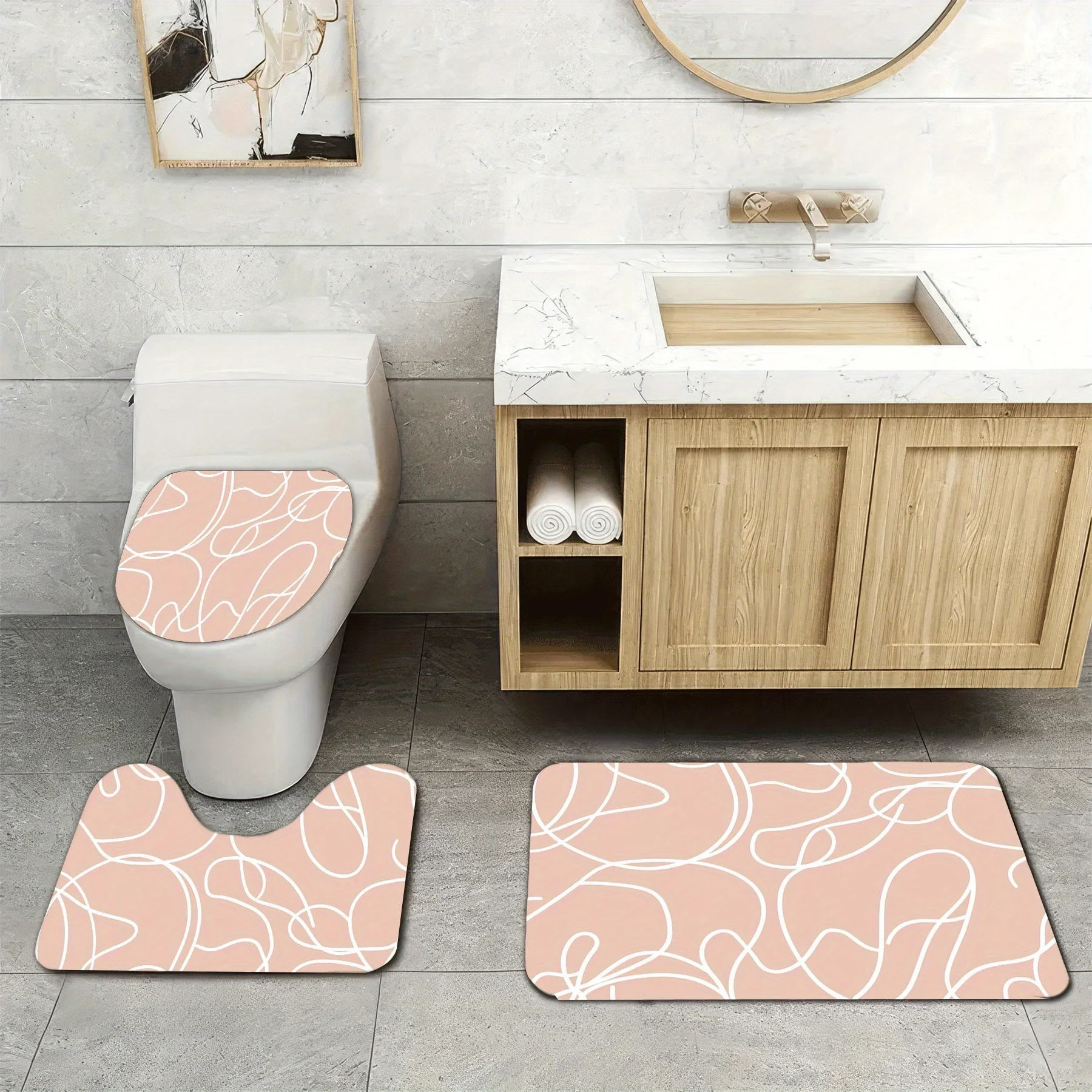 3pc White graffiti line art pattern bathroom set, U-shaped mat, non-slip mat, toilet seat cover suitable for bathroom decoration
