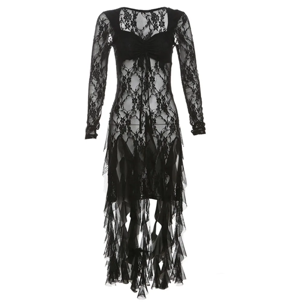긴 소매 레이스 꽃무늬 드레스 러플 엣지 슬림 핏 플리츠 레이스 드레스 스파이시 걸 스타일 스위트 투명 드레스 여성 파티용