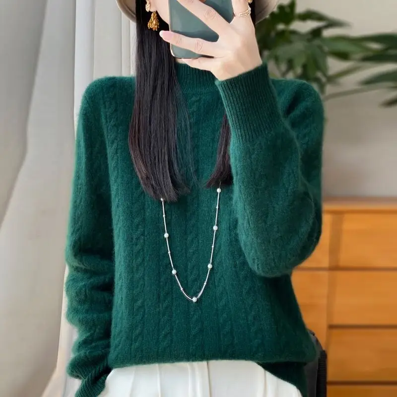 

Модный женский пуловер с получерепаховым воротником, свободная осенне-зимняя однотонная витая трикотажная универсальная элегантная нижняя рубашка