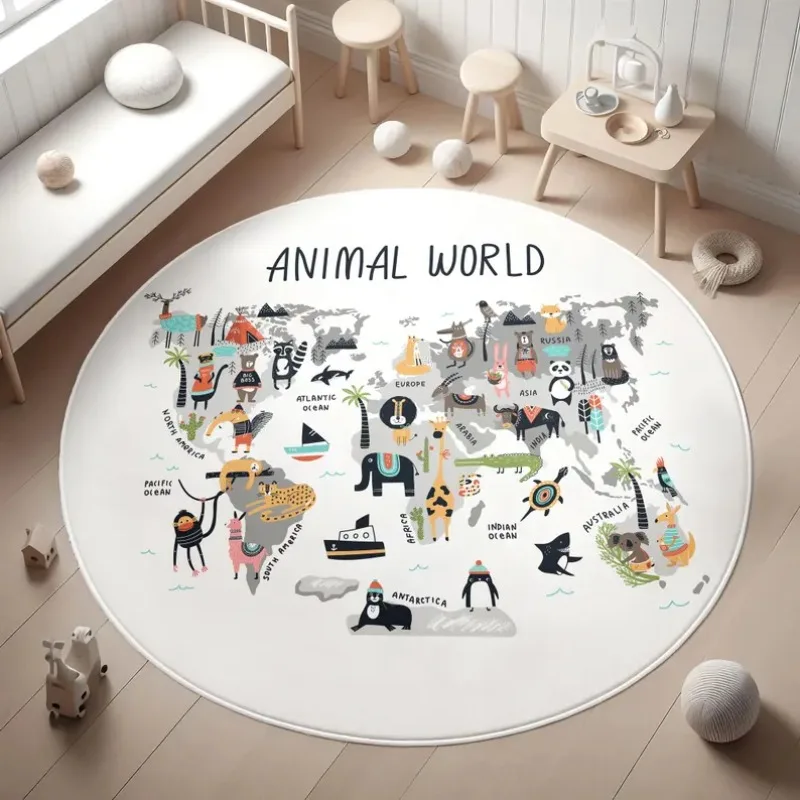 Animal World Map Round Rug Educational  Geography Theme Floor Mat Soft Non-Slip Circle Carpet  Educational Decor