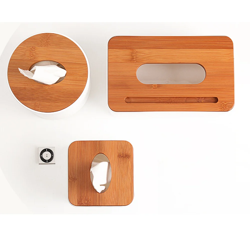 

2Pcs Tissue Box Plastic Cylindrical Holder Wood Top Moisture Protection for Office Kitchen Bathroom Home