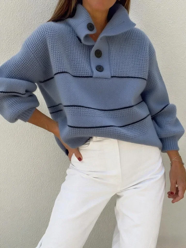 

Casual Knitted POLO Shirt Women Autumn Winter New Striped Button Lapel Long Sleeve Sweater Fashion Lady Pullover