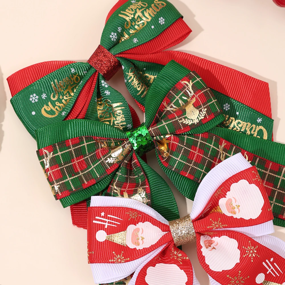 عيد ميلاد سعيد القوس مقاطع الشعر للفتيات طبقة مزدوجة الشريط Bowknot دبابيس الشعر الذهب الغزلان طباعة مشبك الأطفال إكسسوارات الشعر #6