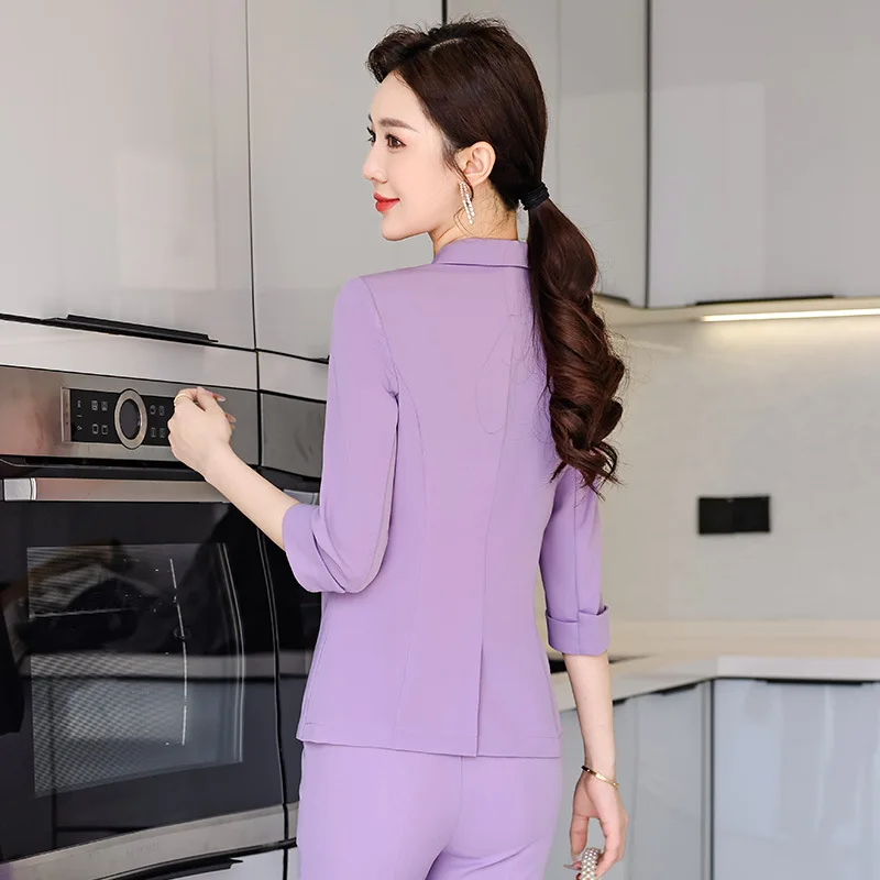 Purple Three-Quarter Sleeve Coat Spring Summer Fashion Casual Suit Slim-Fit Mid-Sleeve Business Wear Leggings Work Clothes Forma