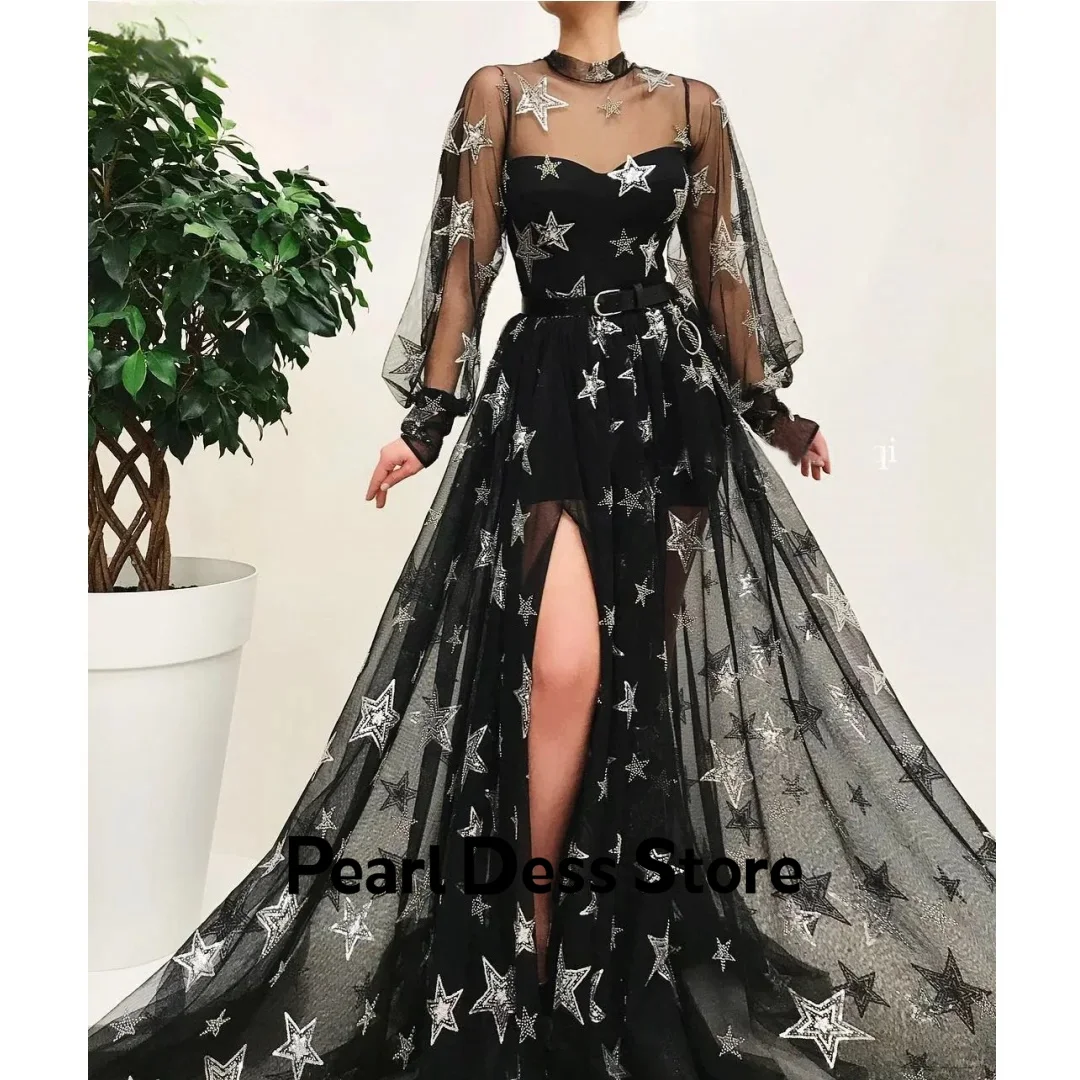 

Sparkling Sequin Evening Dress 2024 A-line Party Dress Black Lace Bubble Sleeves Vestido De Festa