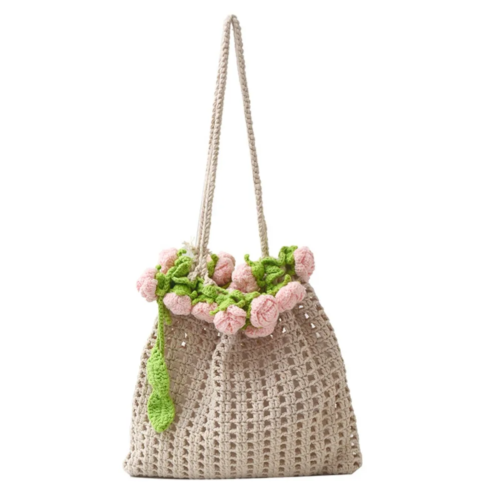 

Bohemian Rose Bouquet Weave Bag Cotton Rope Crochet Knitted Flower Shoulder Bag Storage Bag Large Capacity Rose Beach Bucket Bag