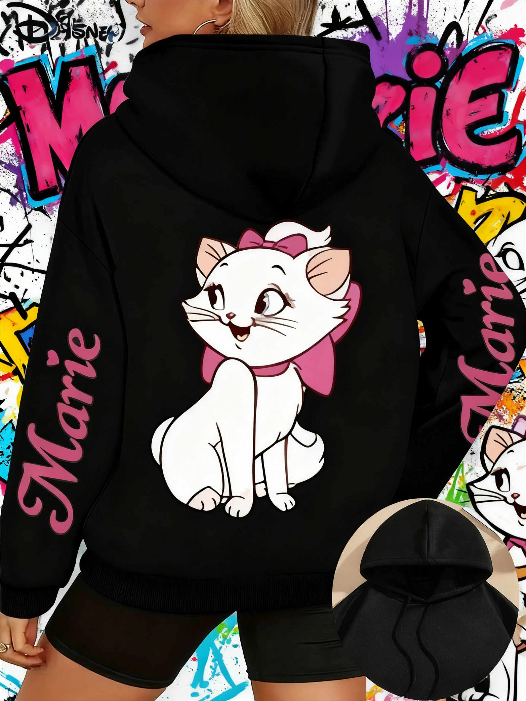 2025 الخريف والشتاء المرأة ديزني ماري القط والوردي القوس الرجال الصوف هوديس هودي البلوز 100% القطن مطبوعة هوديي