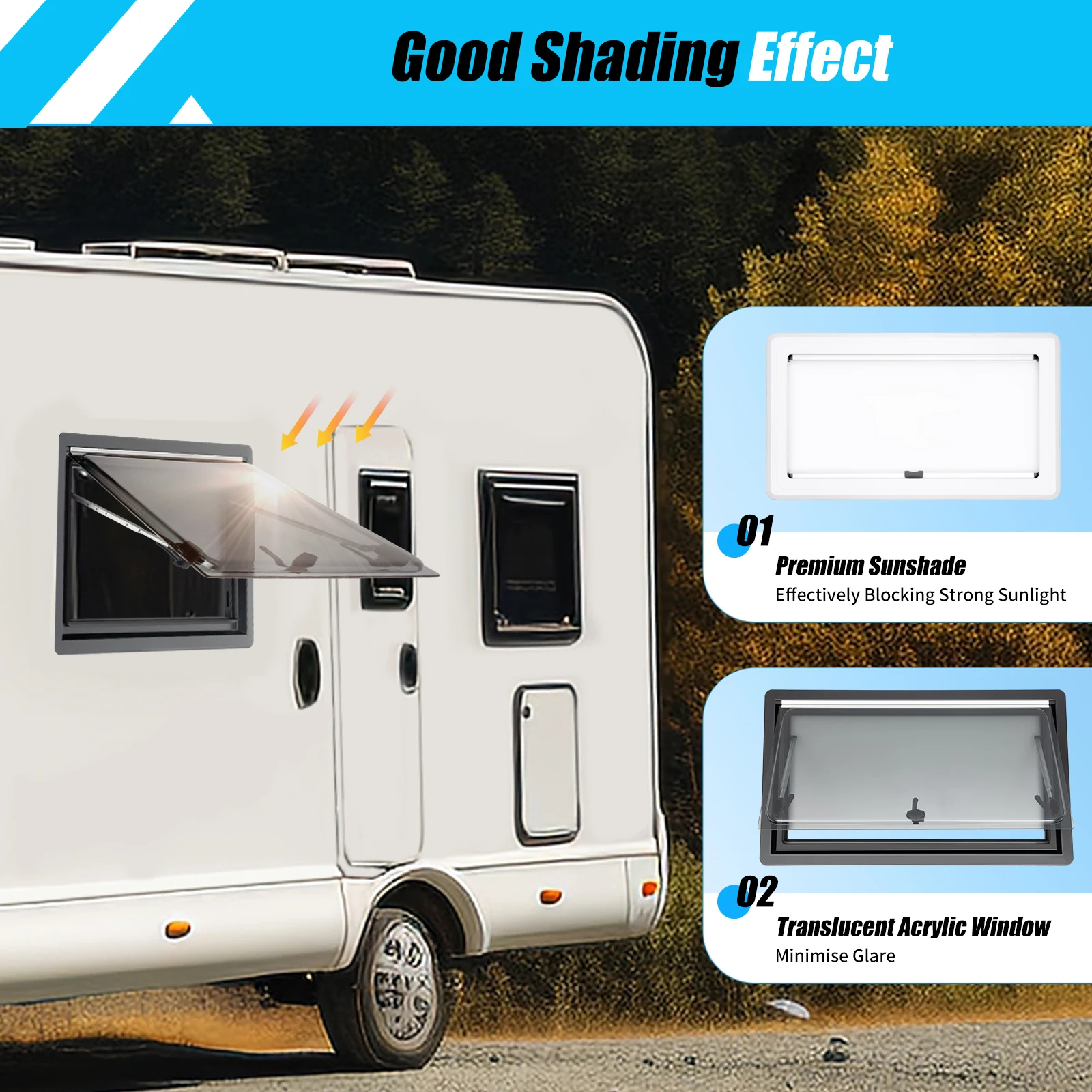 Caravan Extrapolated Ventilation Window, Motorhome Window, Caravan Exhaust Windows Opening Angle 70° with Sunshade & Insect Mesh