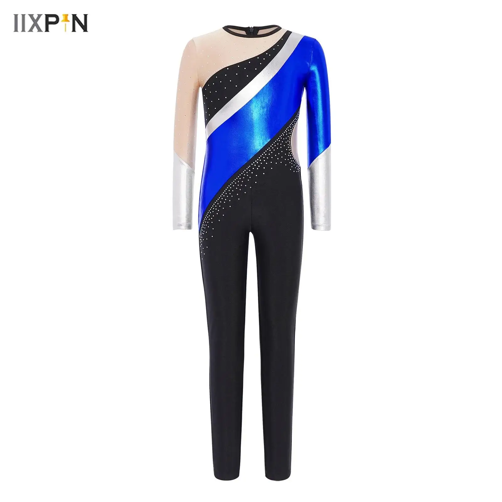 

Girls Metallic Color Block Gymnastics Jumpsuit Round Neck Long Sleeve Bodysuit for Dance Figure Skating Performance Competition