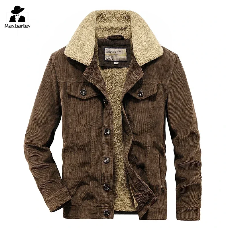 

Winter Vintage Jacket Men's high quality Corduroy Thick Wool Lining Warm Windproof Parka Male Wild Snowy Collar Cold-proof Coat