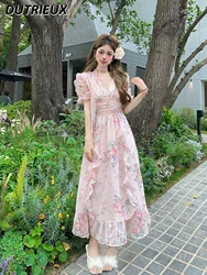 Fashion Chiffon V-neck Dresses for Lady Sweet Cute Long Pink Spring Summer Ribbon Elegant Women's Halter Dress 2024 New