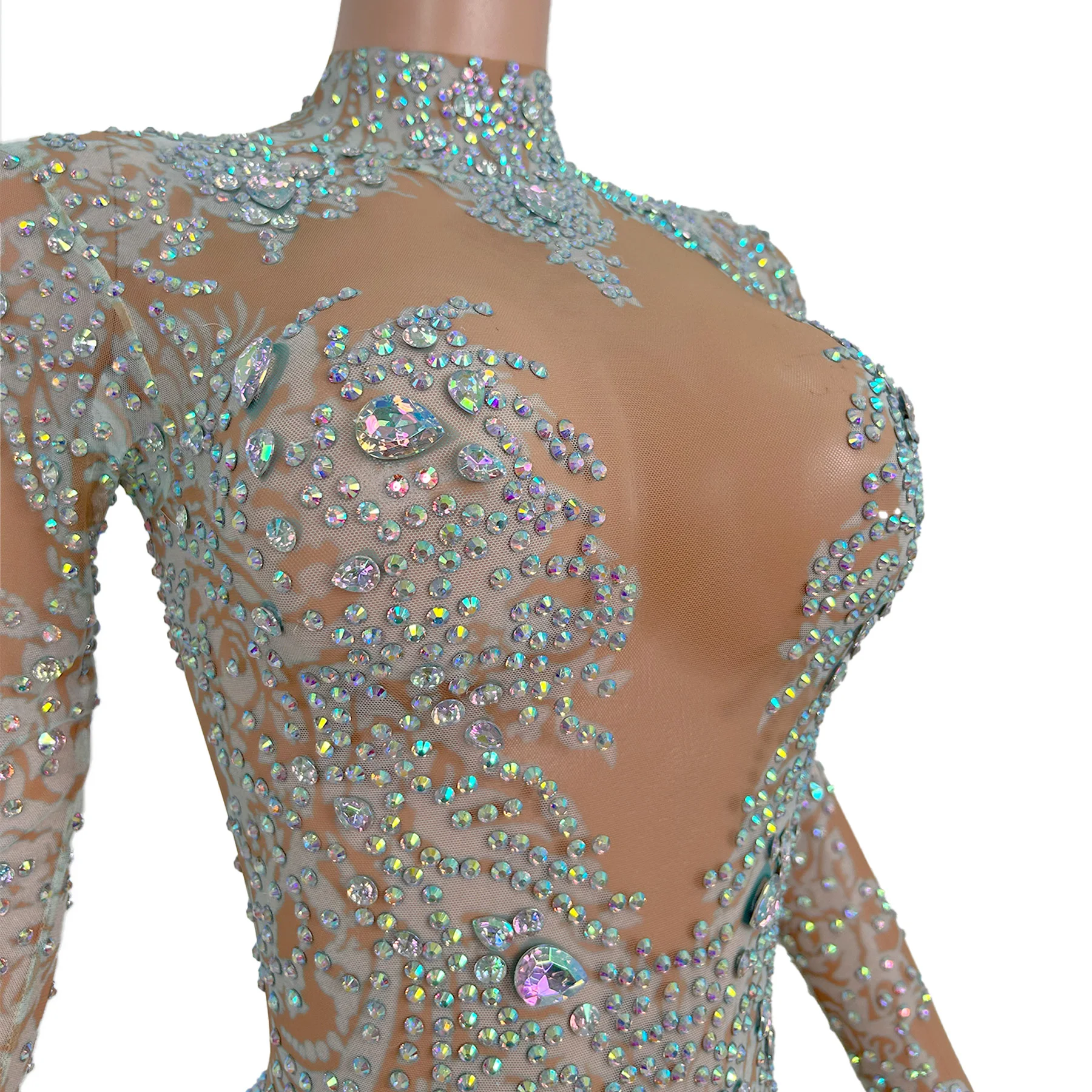 Baiputao الفاخرة النساء بذلة الفضة حجر الراين مثير انظر من خلال شبكة بذلة بار مرحلة الأداء الزي فساتين حفلات عيد ميلاد #3